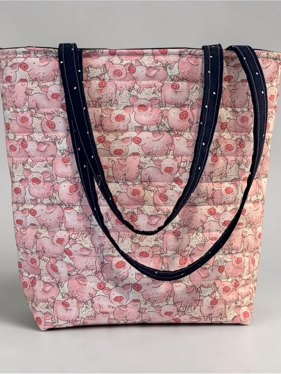 Handbags - Handmade Pink Pig Print Quilted Tote Bag with Navy Straps